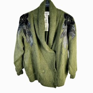 Cervelle Mohair Blend Cardigan Beaded Floral Applique Green Sweater Size L NEW